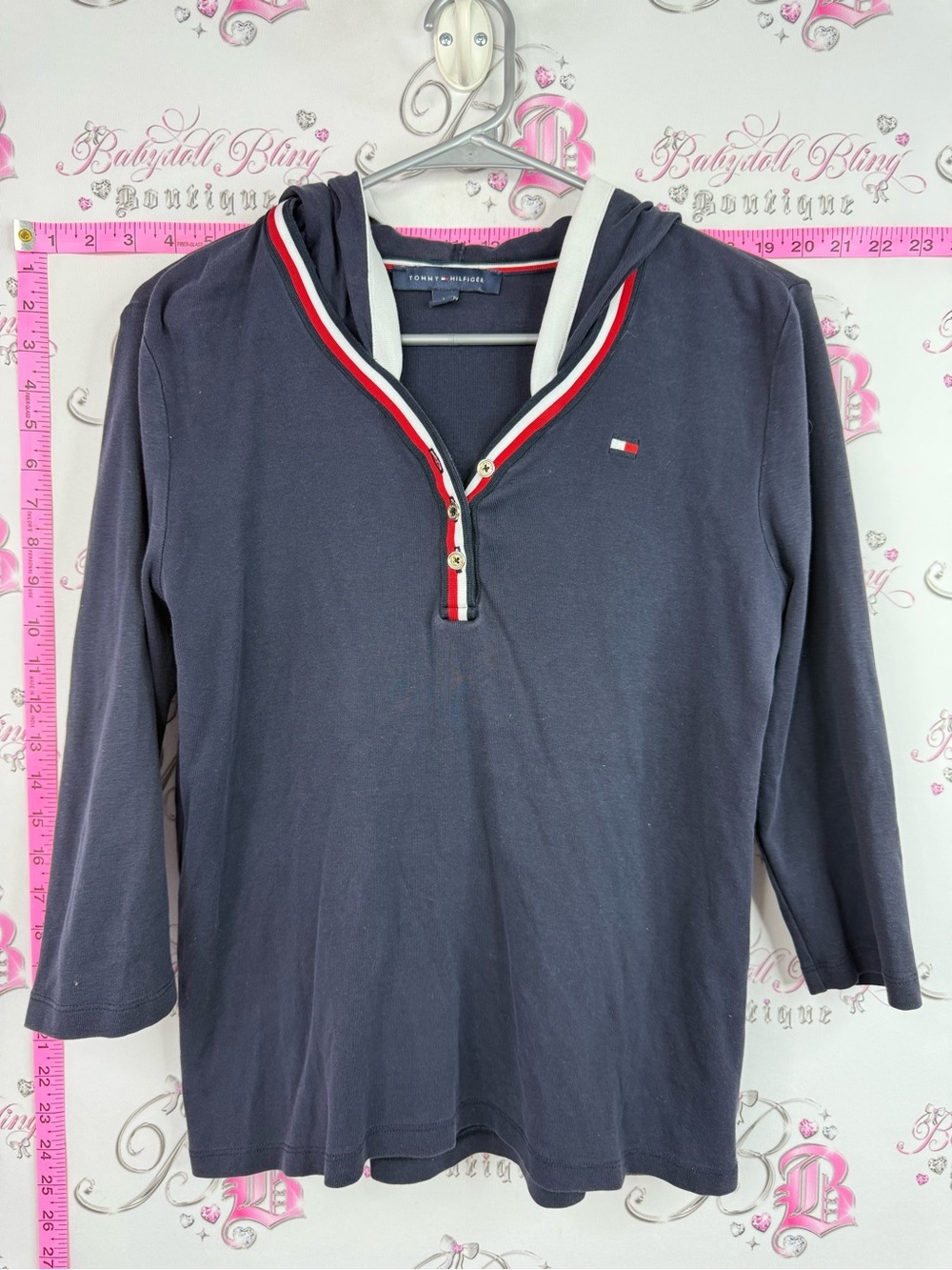 Tommy Hilfiger top Navy Hooded Pullover with Red & White Trim